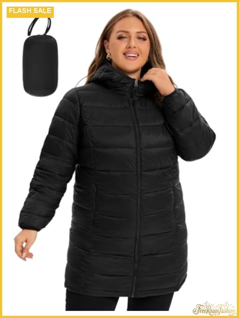Plus Size Packable Hooded Puffer Jacket Lightweight Down Alternative